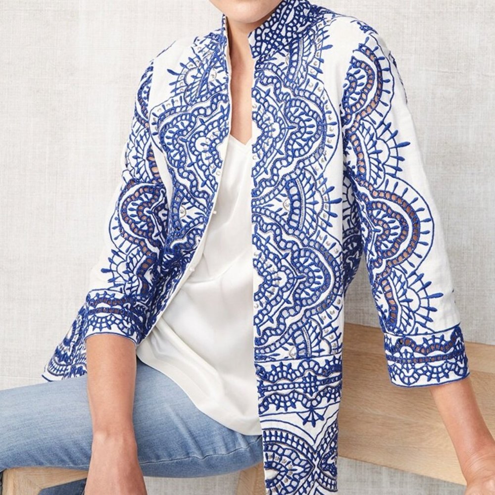 new chico's embroidered scalloped jacket blazer 0 $280